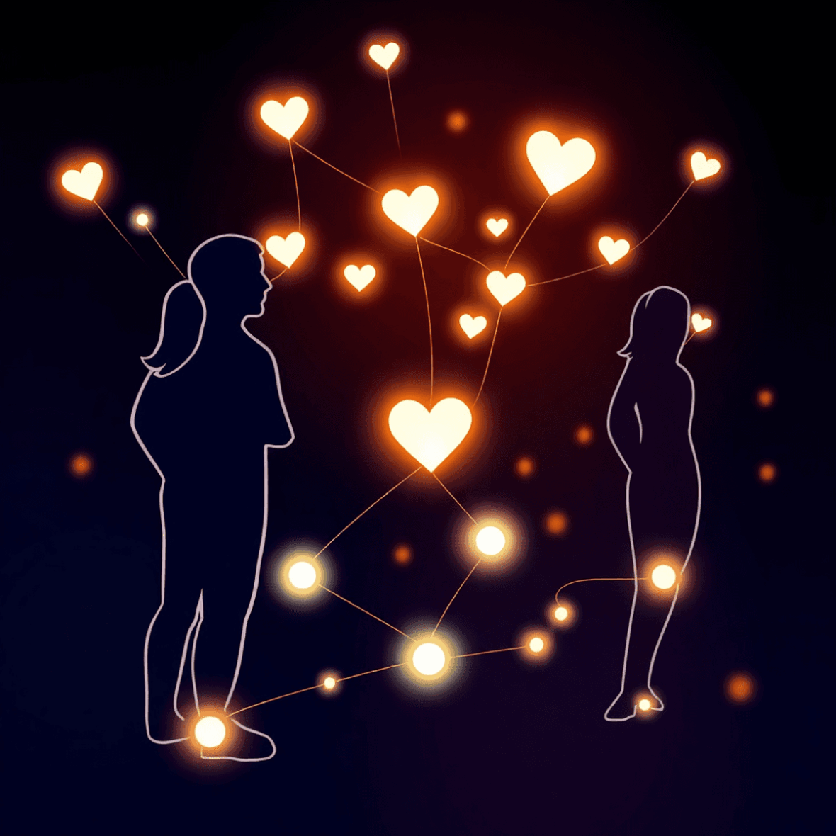 Abstract human icons connected by glowing lines on a dark background, illustrating social connections in a modern digital dating network.