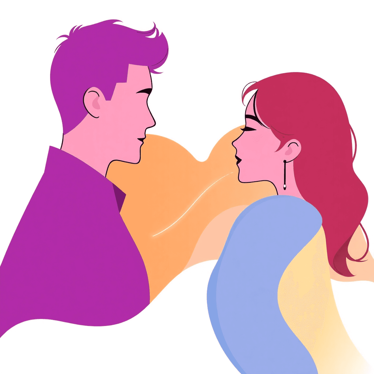 Abstract one-line drawing of two stylized silhouettes facing each other, connected by glowing lines, surrounded by warm colors and fluid shapes sym...