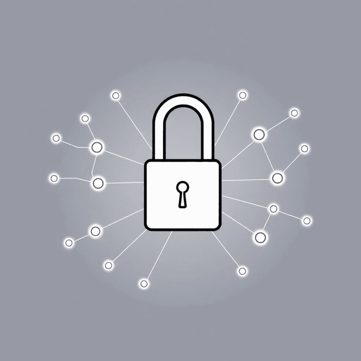 Line drawing of a digital lock unlocking amid glowing network nodes and lines on a smooth gradient background symbolizing privacy and online intera...