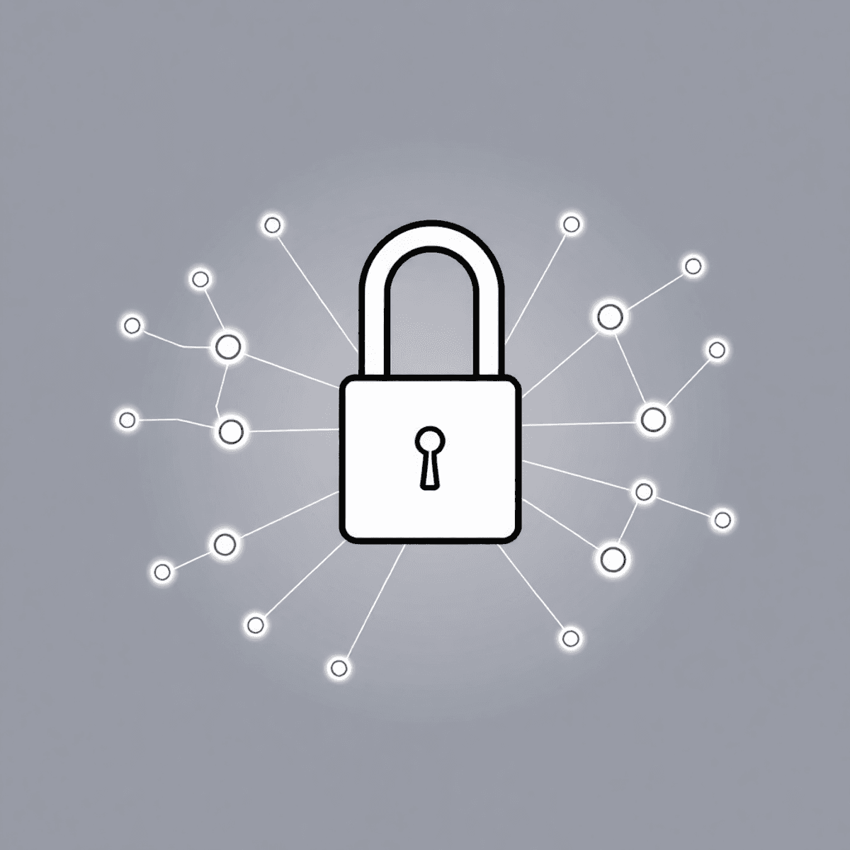 Line drawing of a digital lock unlocking amid glowing network nodes and lines on a smooth gradient background symbolizing privacy and online intera...