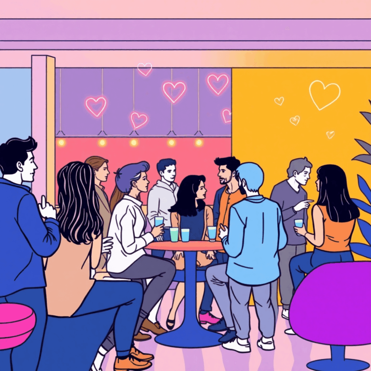 Line drawing of adults socializing in a modern lounge with glowing network lines and floating hearts symbolizing connection and online interaction.