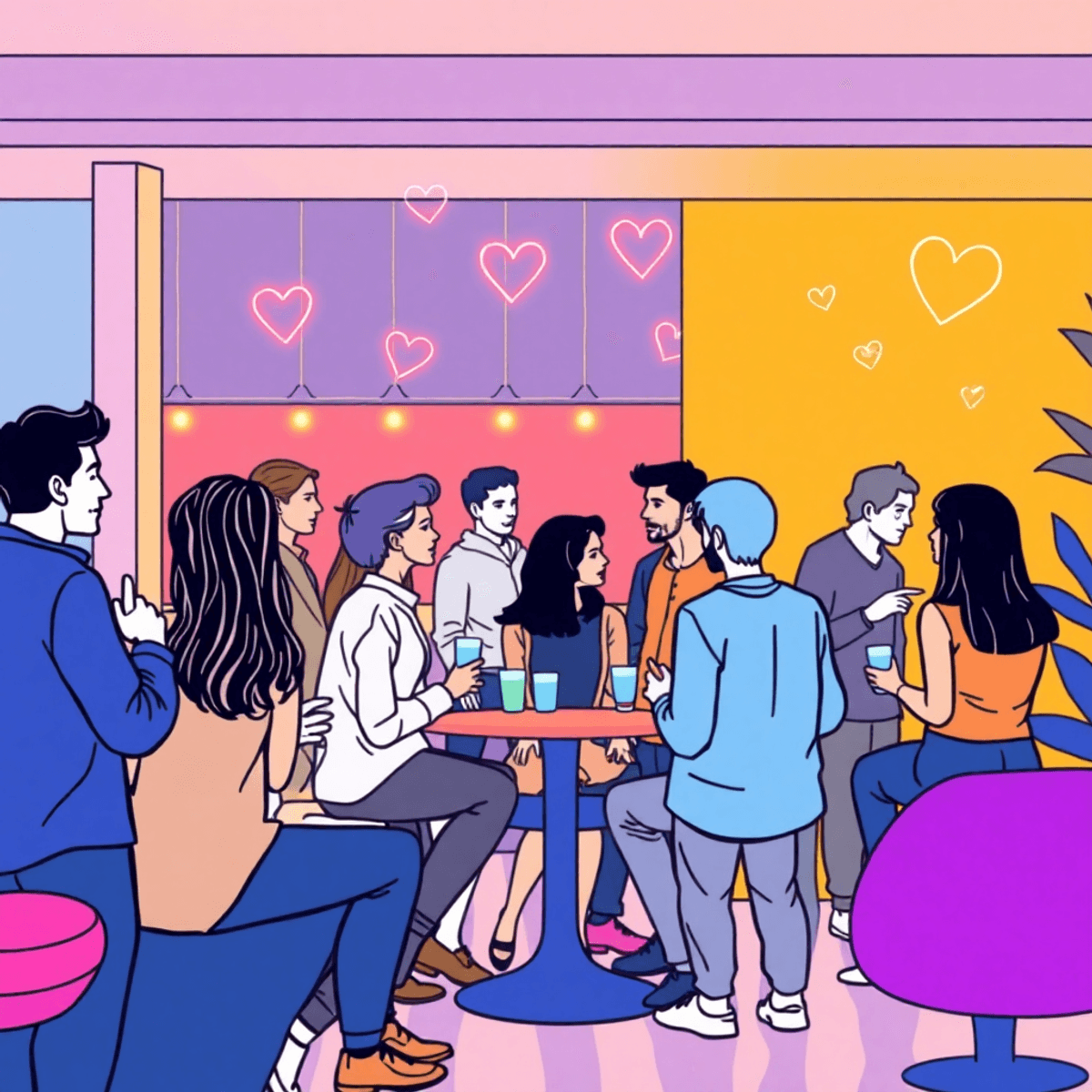 Line drawing of adults socializing in a modern lounge with glowing network lines and floating hearts symbolizing connection and online interaction.