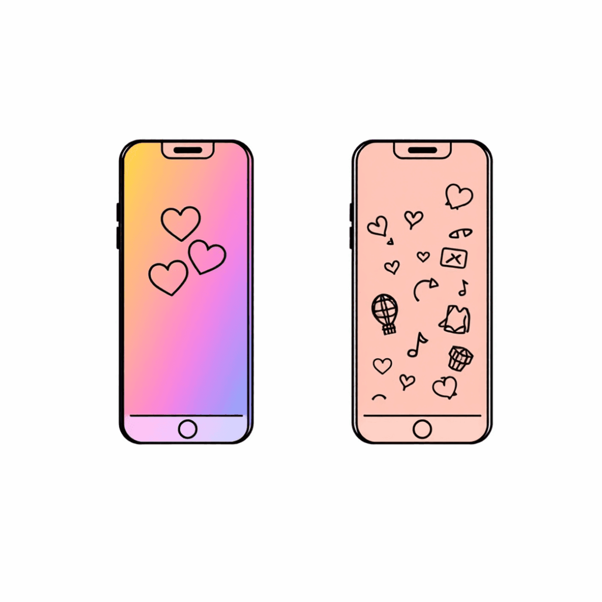Split-screen line drawing of two smartphone interfaces: warm, inviting casual dating on left; bold, vibrant adult-themed on right; neutral modern b...