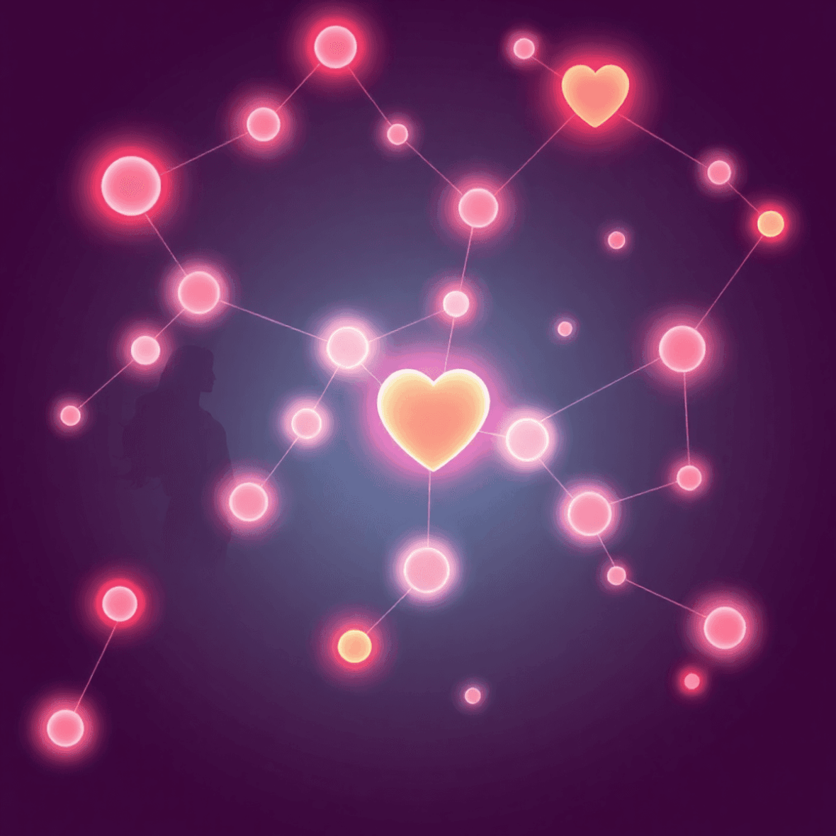 Abstract digital illustration of glowing interconnected nodes and pathways with subtle silhouettes of adults in warm reds and purples symbolizing m...