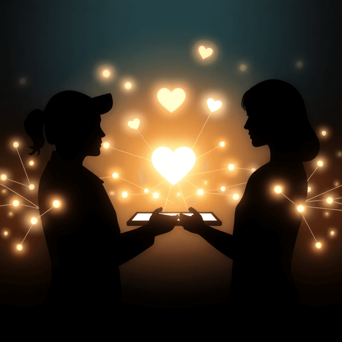 Abstract human silhouettes connected by glowing lines and nodes on a dark background, symbolizing digital dating and online connection in one line ...