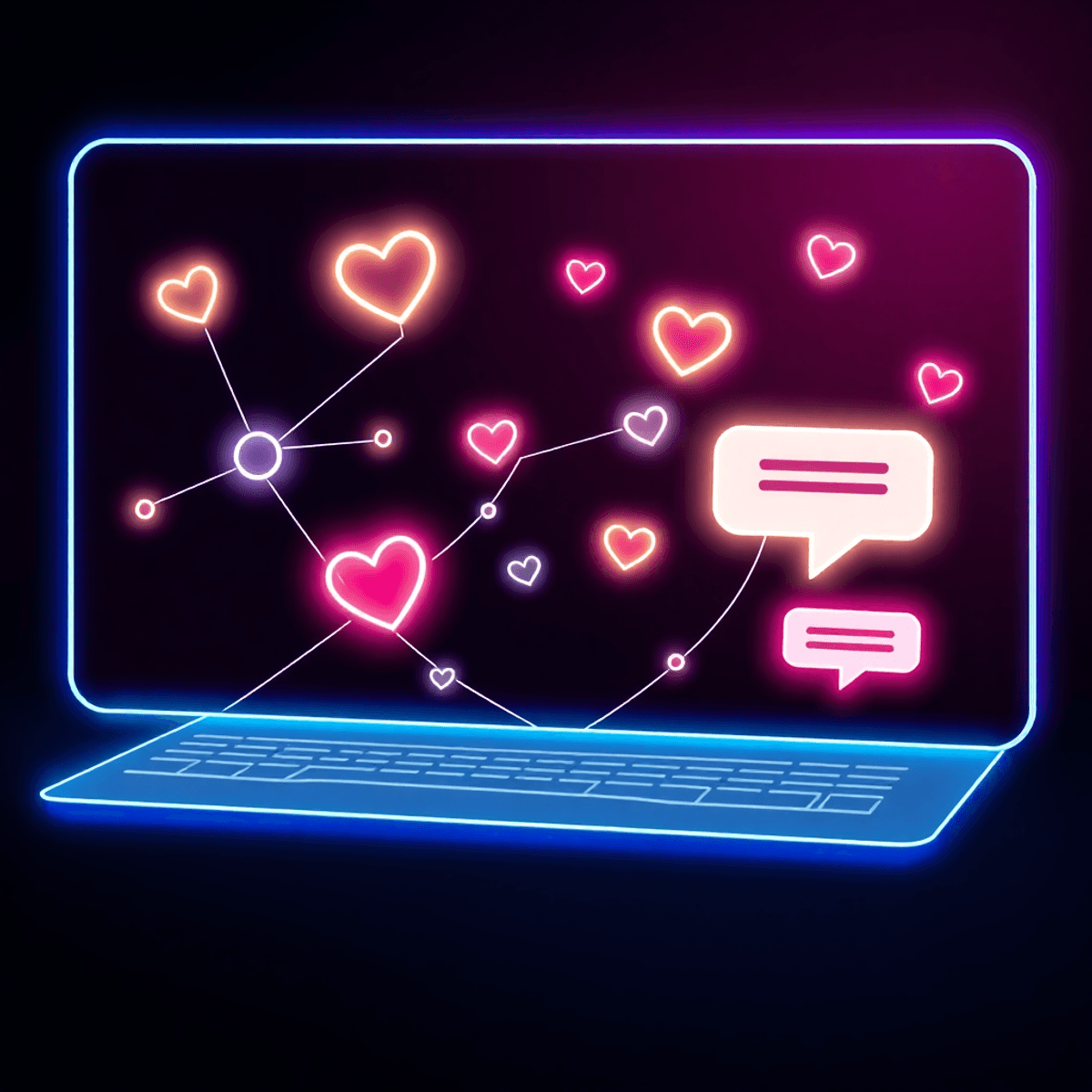 Abstract one-line drawing of glowing nodes, hearts, and chat bubbles on a dark background with neon accents, symbolizing digital dating and social ...