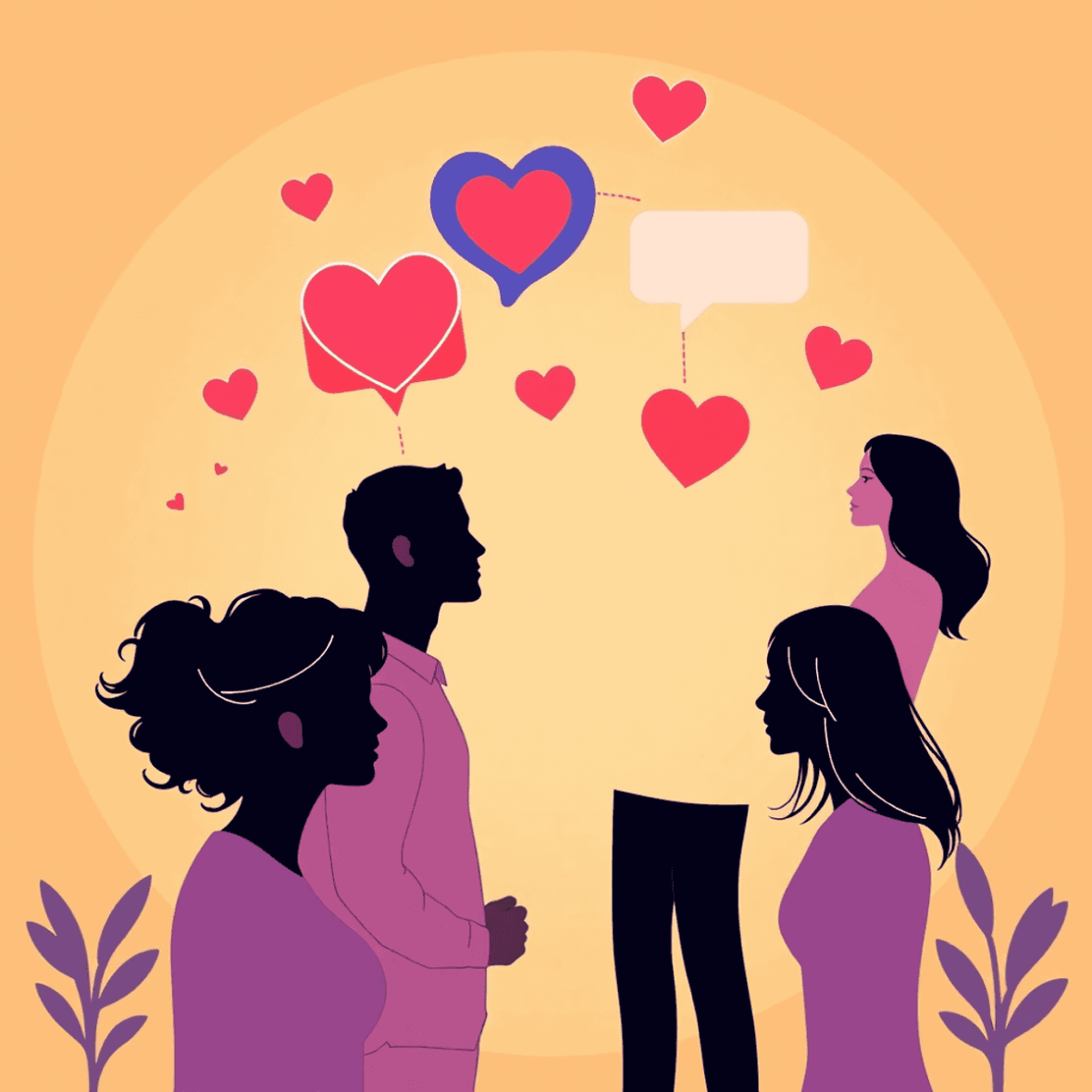 Line drawing of adult silhouettes interacting with heart and chat icons on a warm, glowing background symbolizing connection and casual encounters.
