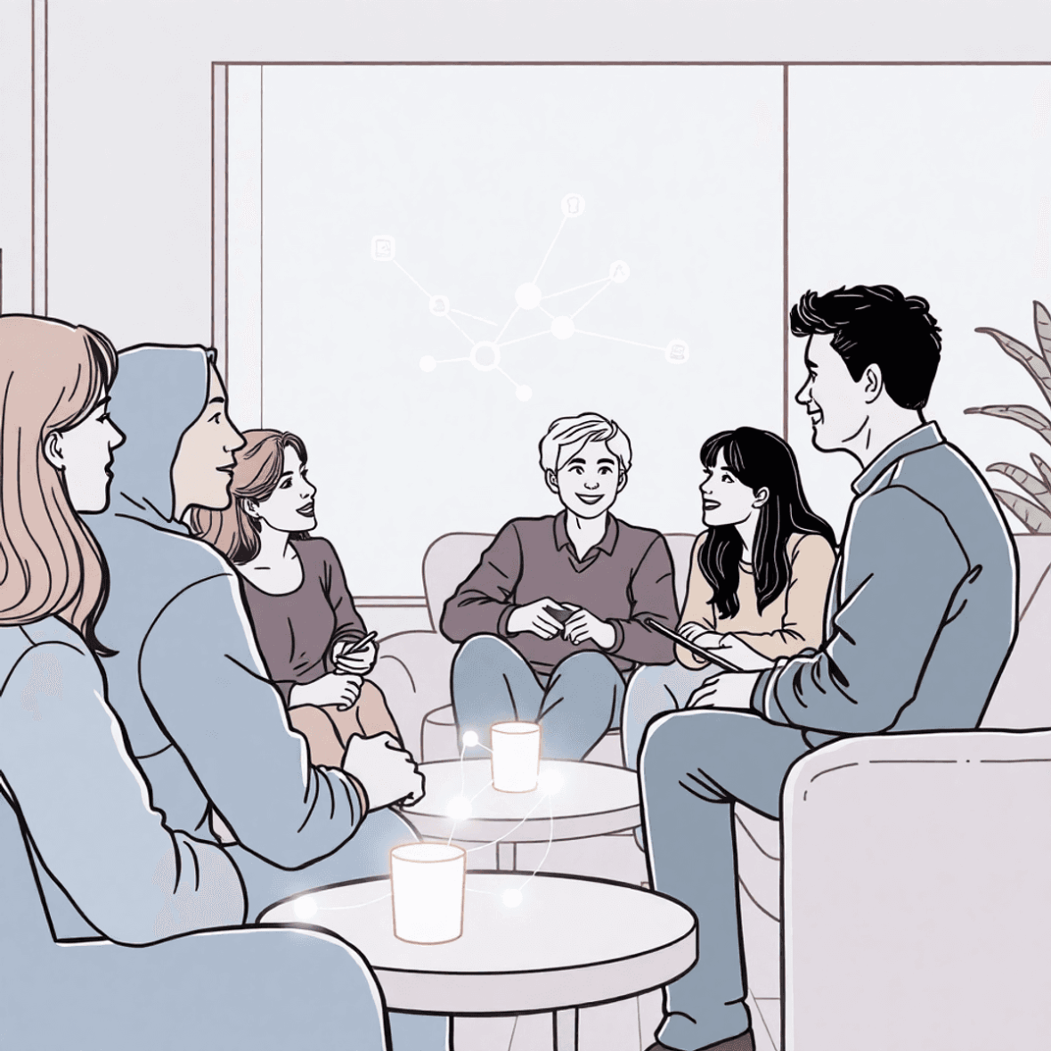 One line drawing of adults chatting in a cozy lounge with glowing digital network lines floating around, symbolizing online connection and trust.